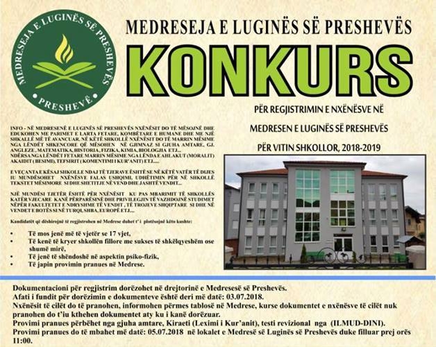 Konkurs për regjistrim në Medresenë e Luginës së Preshevës