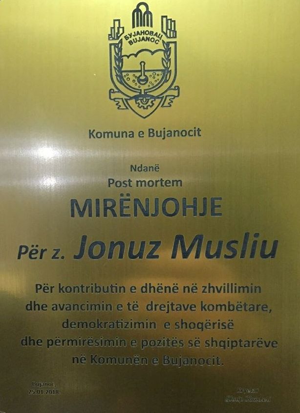 Komuna e Bujanocit nderon me mirënjohje "Post Mortum" Jonuz Musliun për avancim e pozitës shqiptare